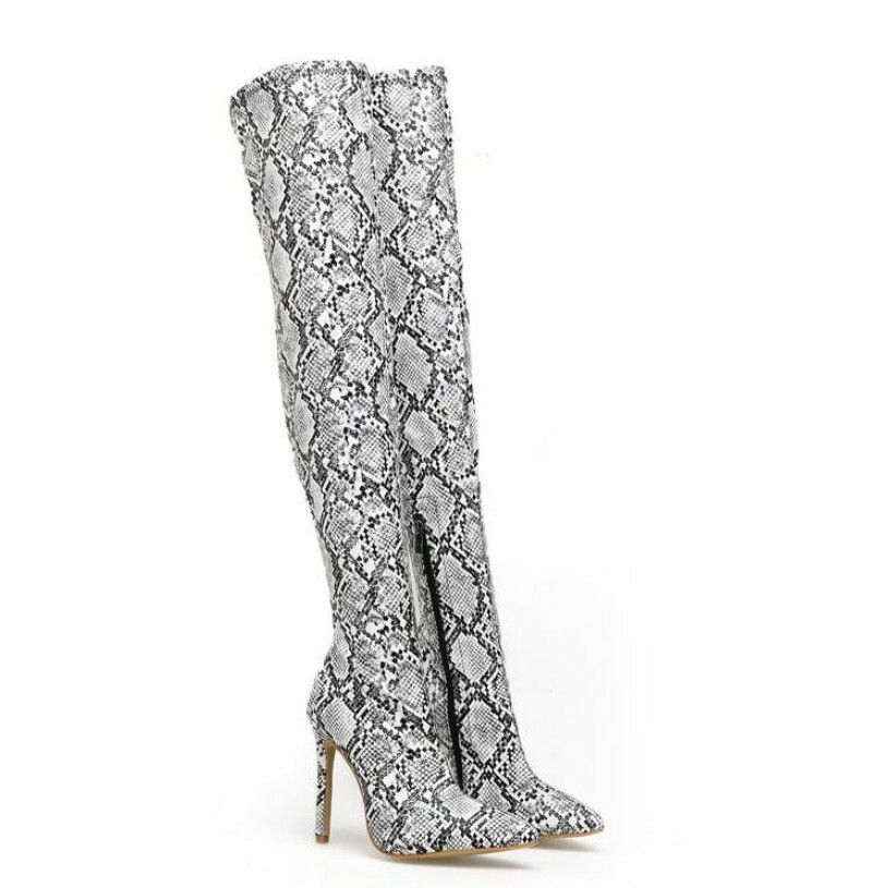 white snakeskin thigh high boots
